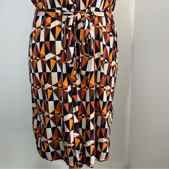 Dorothy Perkins Shirt Dress Orange Black Geometric Print Belted Rolled Sleeve 12 - Picture 7 of 13